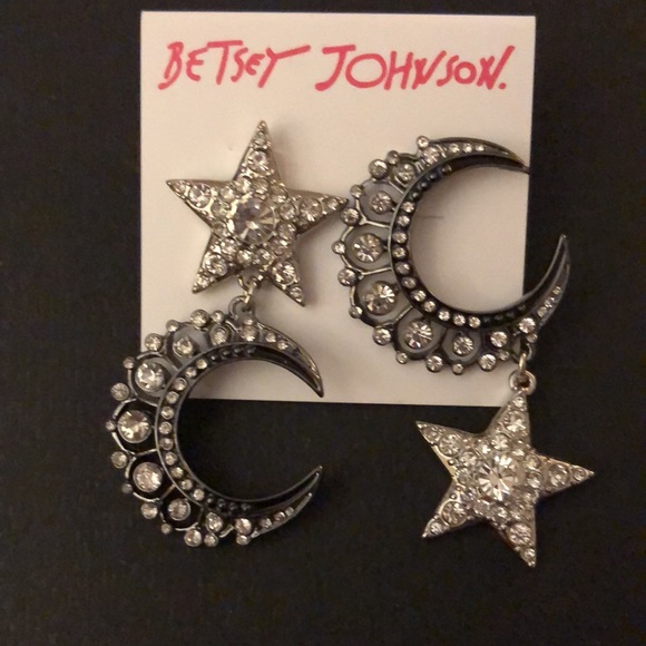 Betsey Johnson Silver & Gunmetal Tone Moon & Star Mismatch Drop Earrings NWT - Picture 9 of 15